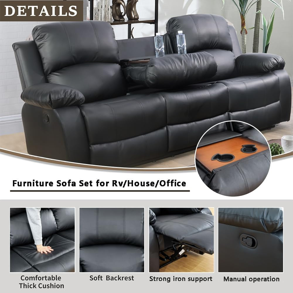 Leather Recliner Sofa Set Black For Living Room And Small Spaces-2