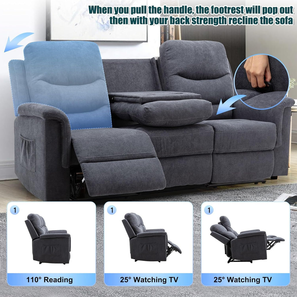 Reclining Sofa With Flip Console Three Seater Cupholders-2