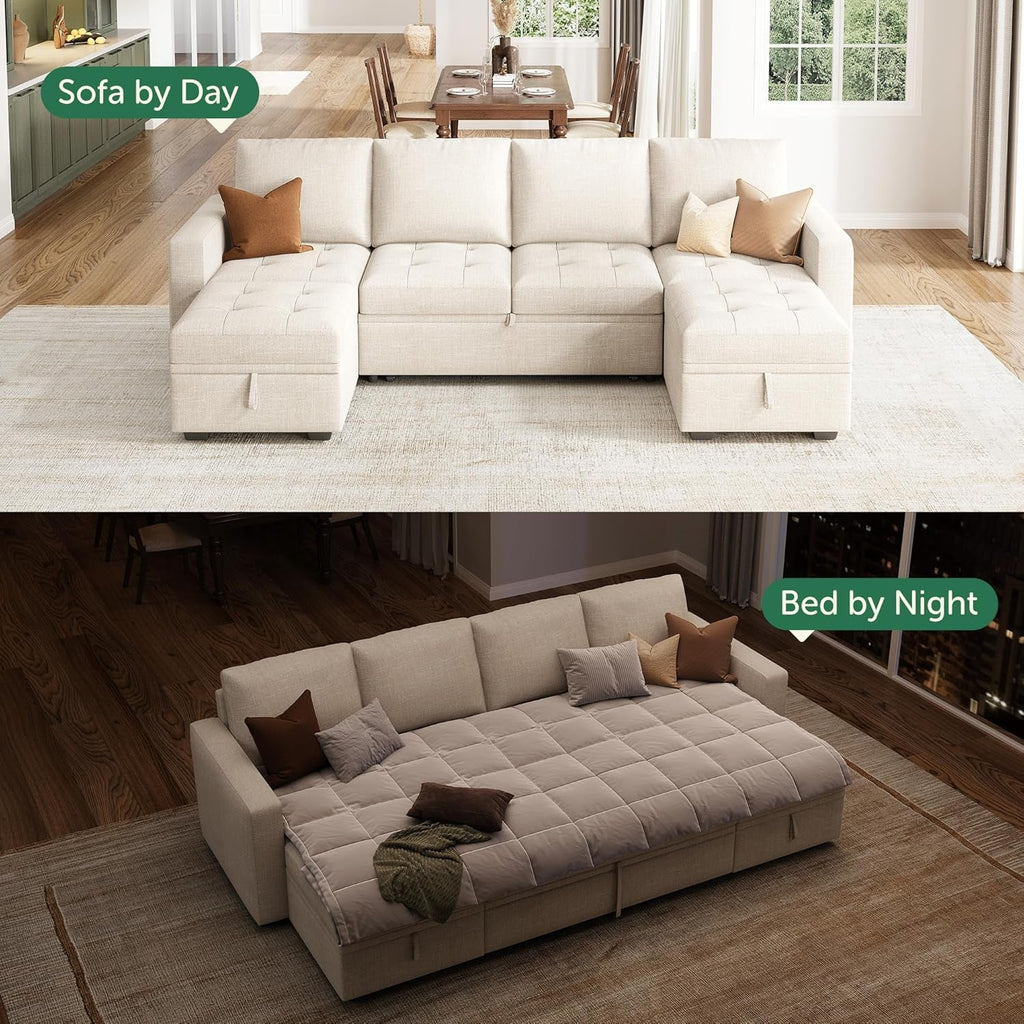 Beige Modular Sleeper Sectional Couch With Storage-2