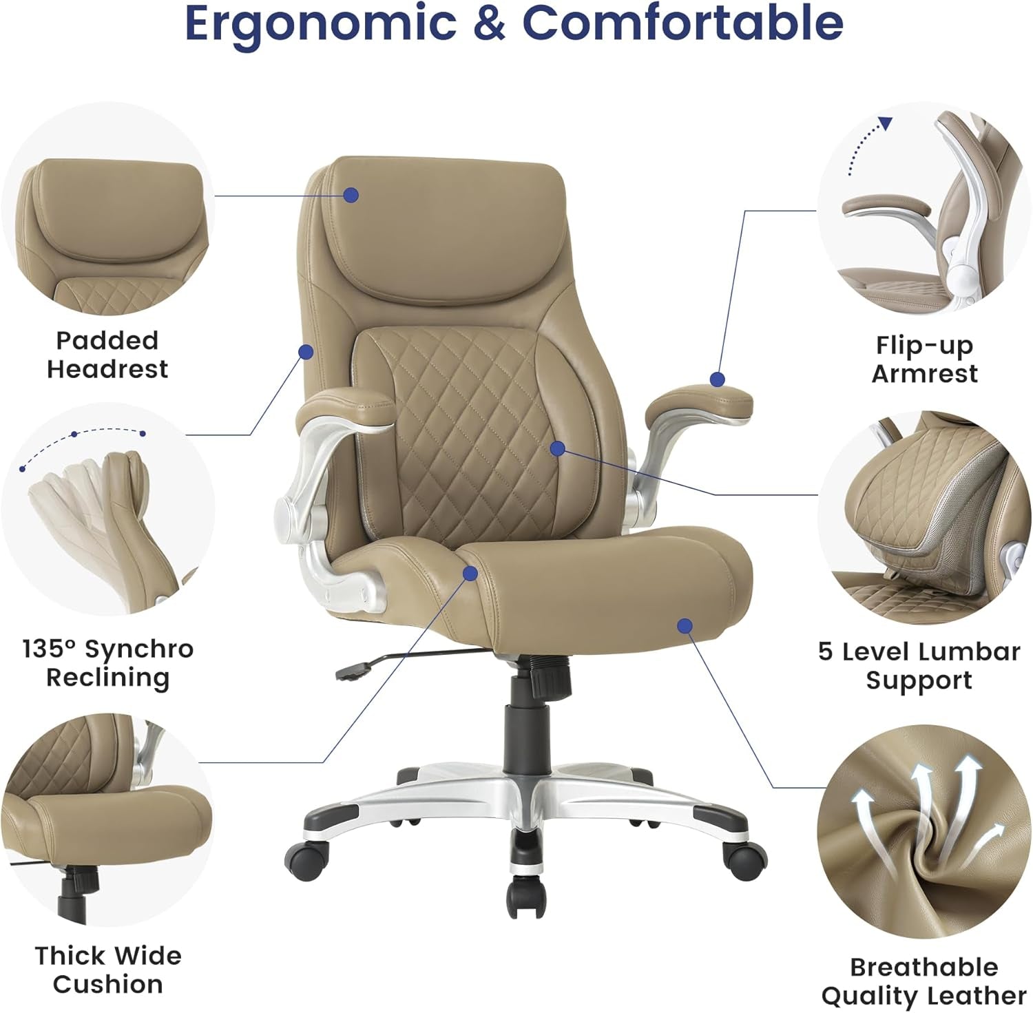 Ergonomic Office Chair Microfiber Leather With Adjustable Lumbar Support Taupe-2
