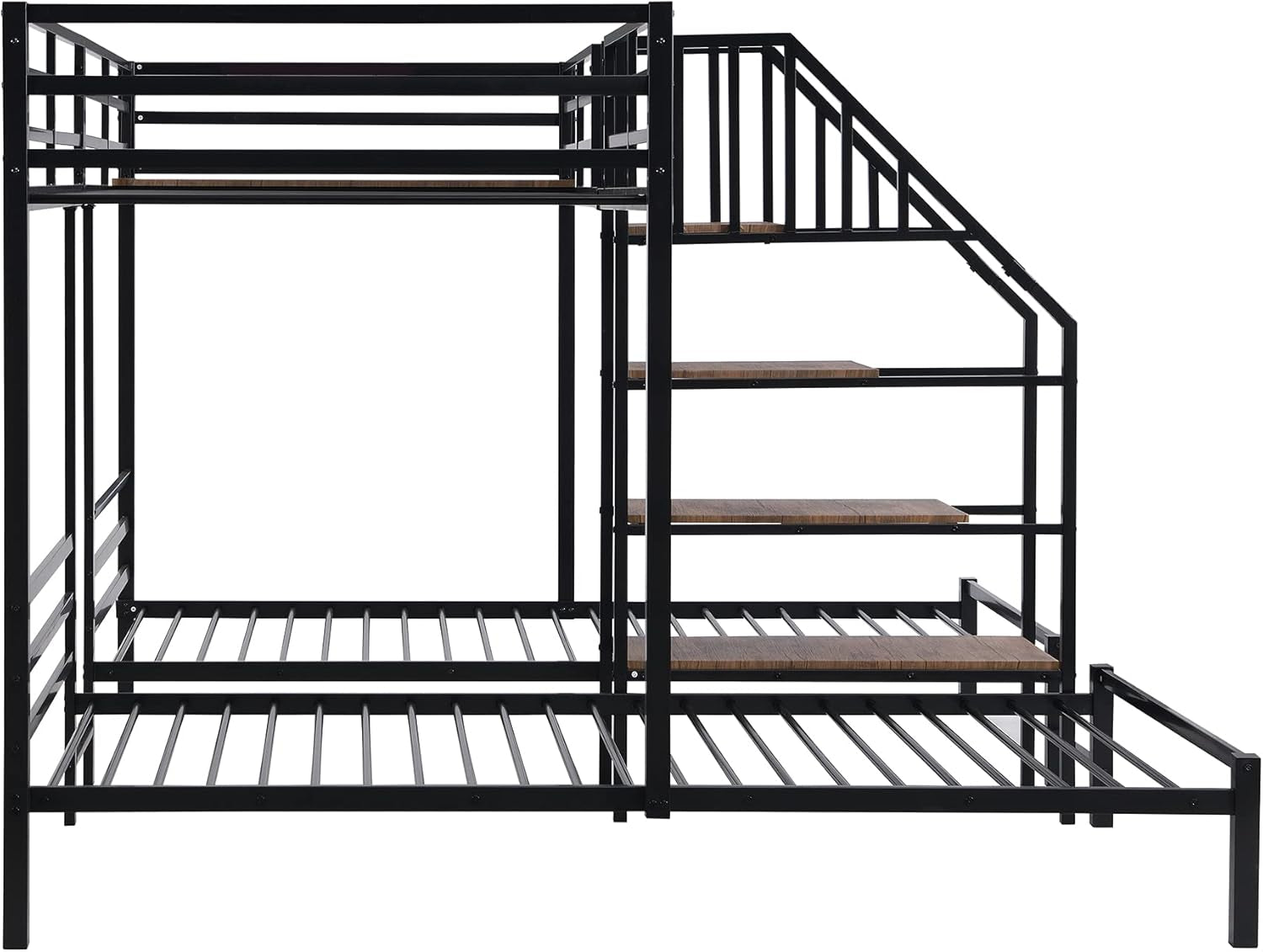 Metal Triple Bunk Bed With Stairs Black Three Beds-4