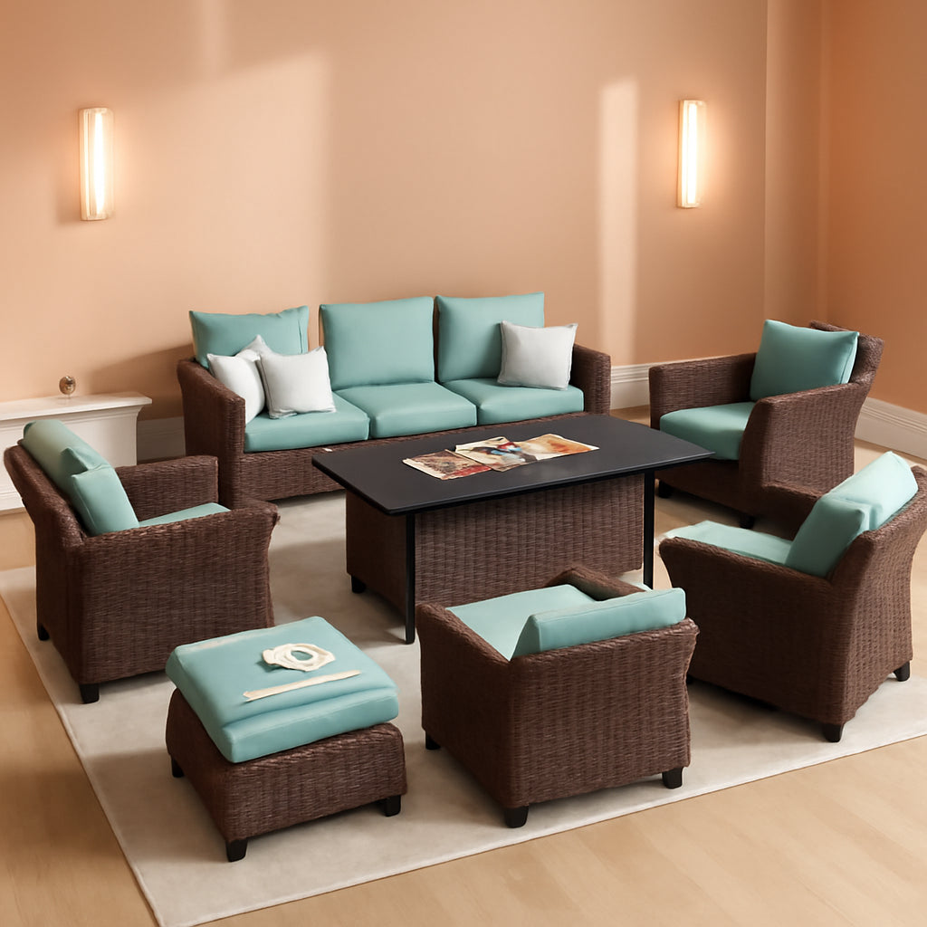 Brown Wicker Patio Furniture Set With Fire Pit Table-0