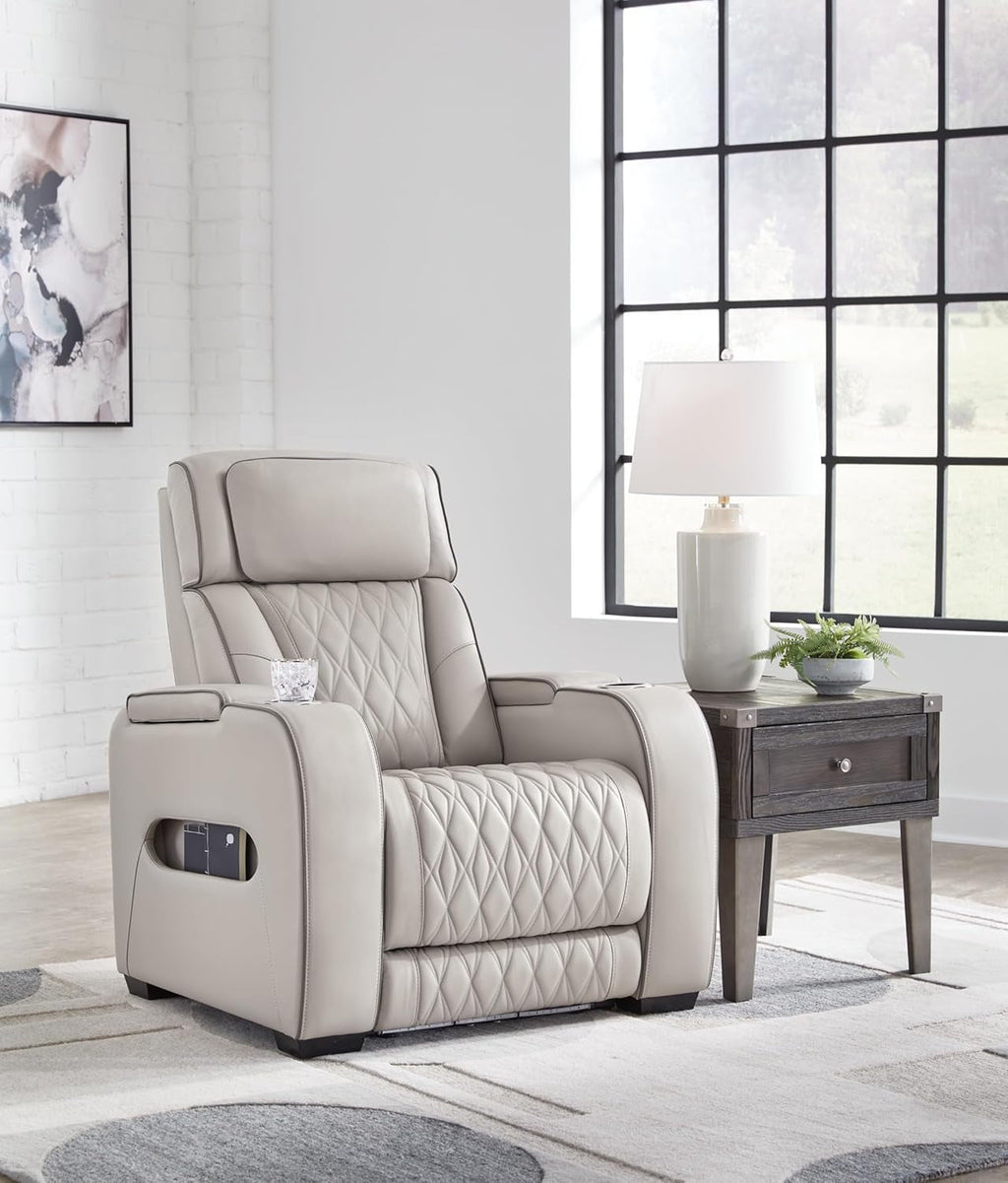 Light Gray Leather Power Recliner With Adjustable Headrest-1