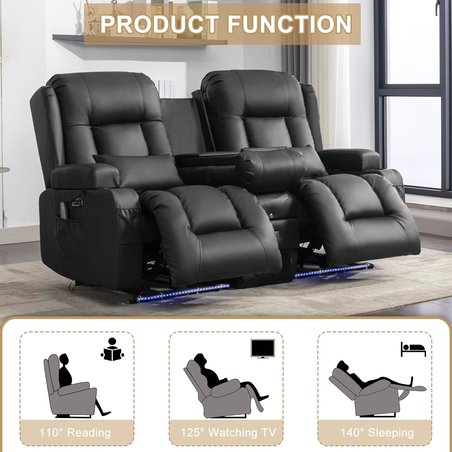Power Reclining Loveseat With Massage And LED Lighting-2