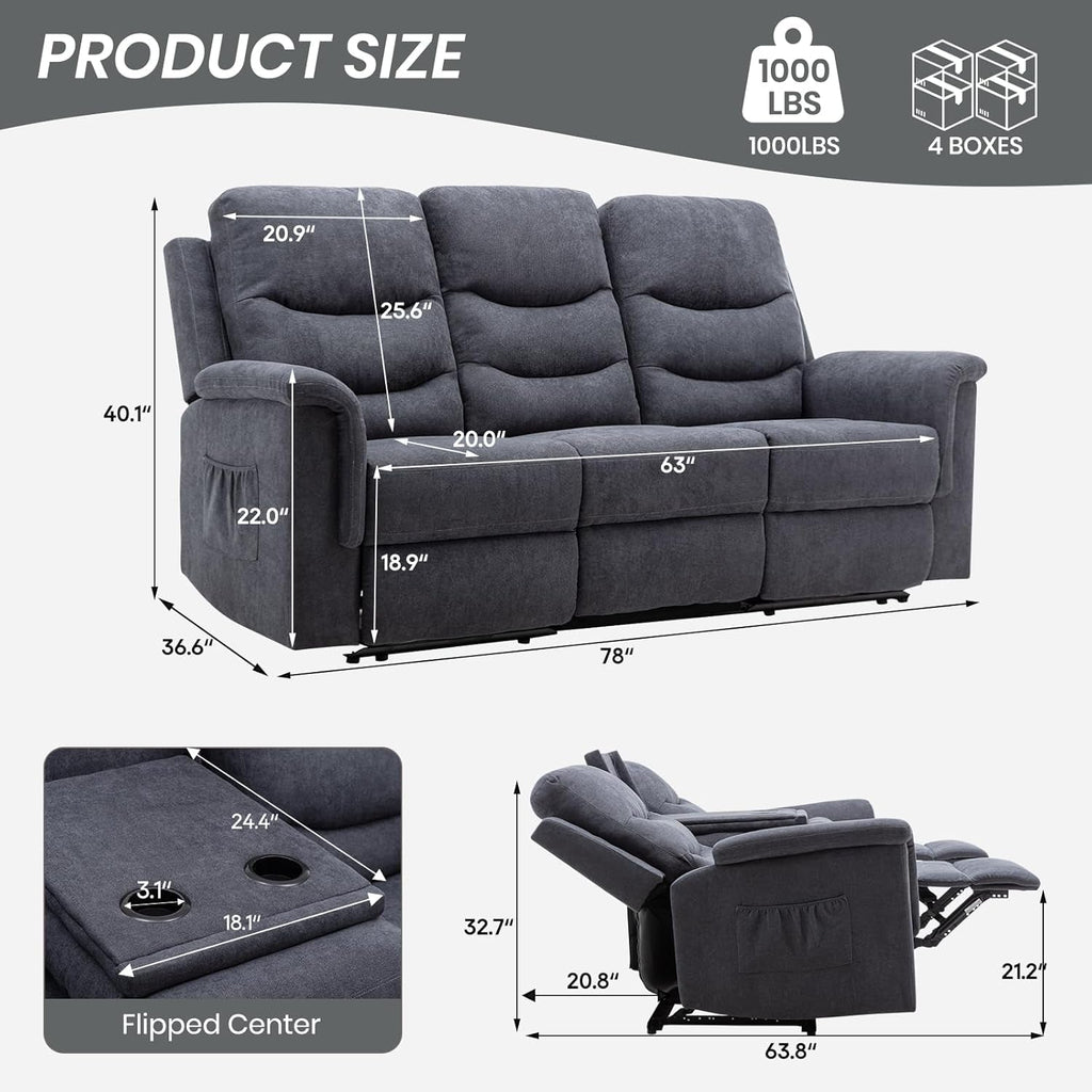 Reclining Sofa With Flip Console Three Seater Cupholders-1