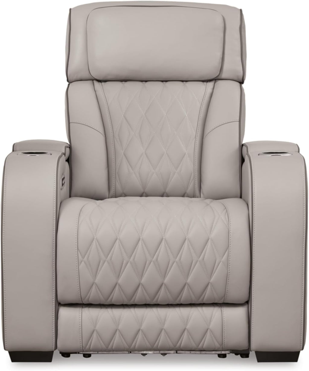 Light Gray Leather Power Recliner With Adjustable Headrest-3