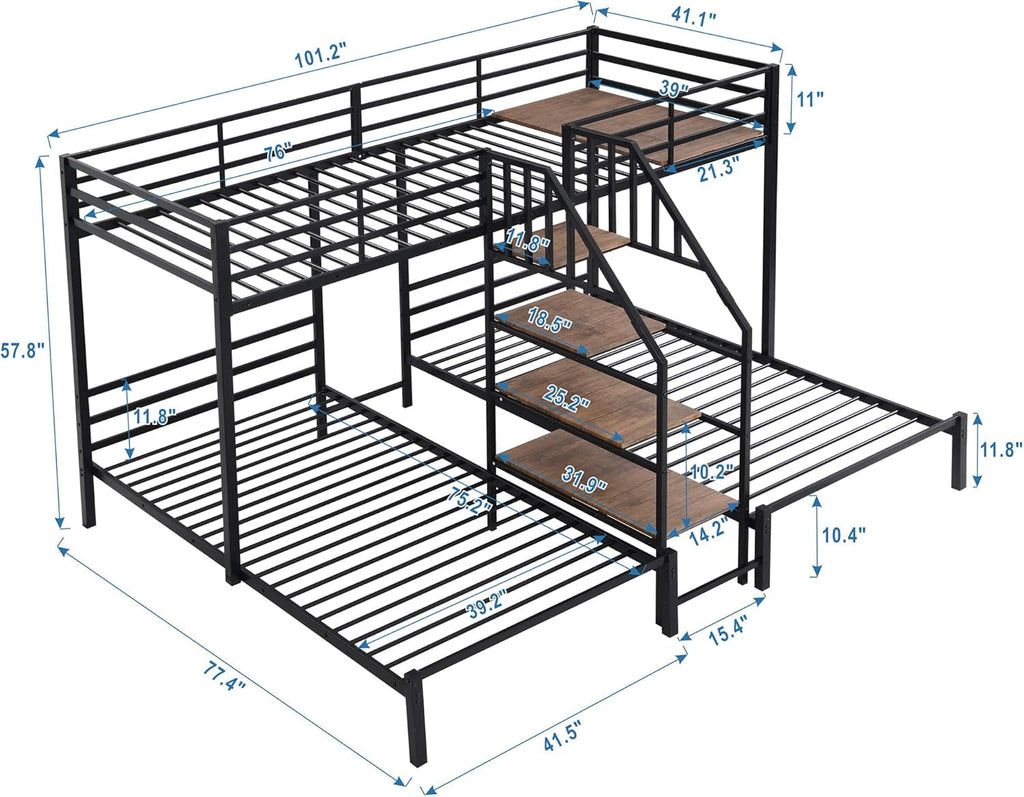 Metal Triple Bunk Bed With Stairs Black Three Beds-1