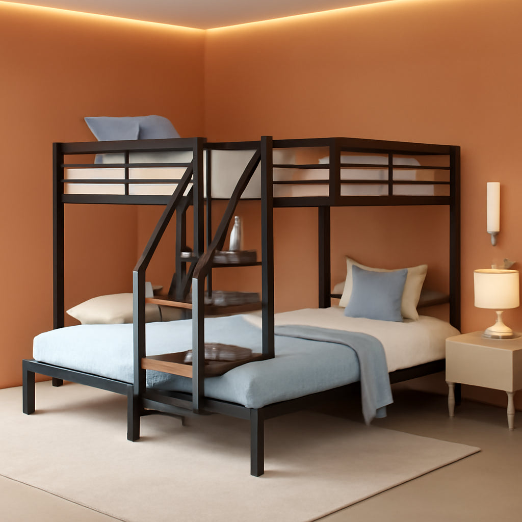 Metal Triple Bunk Bed With Stairs Black Three Beds-0