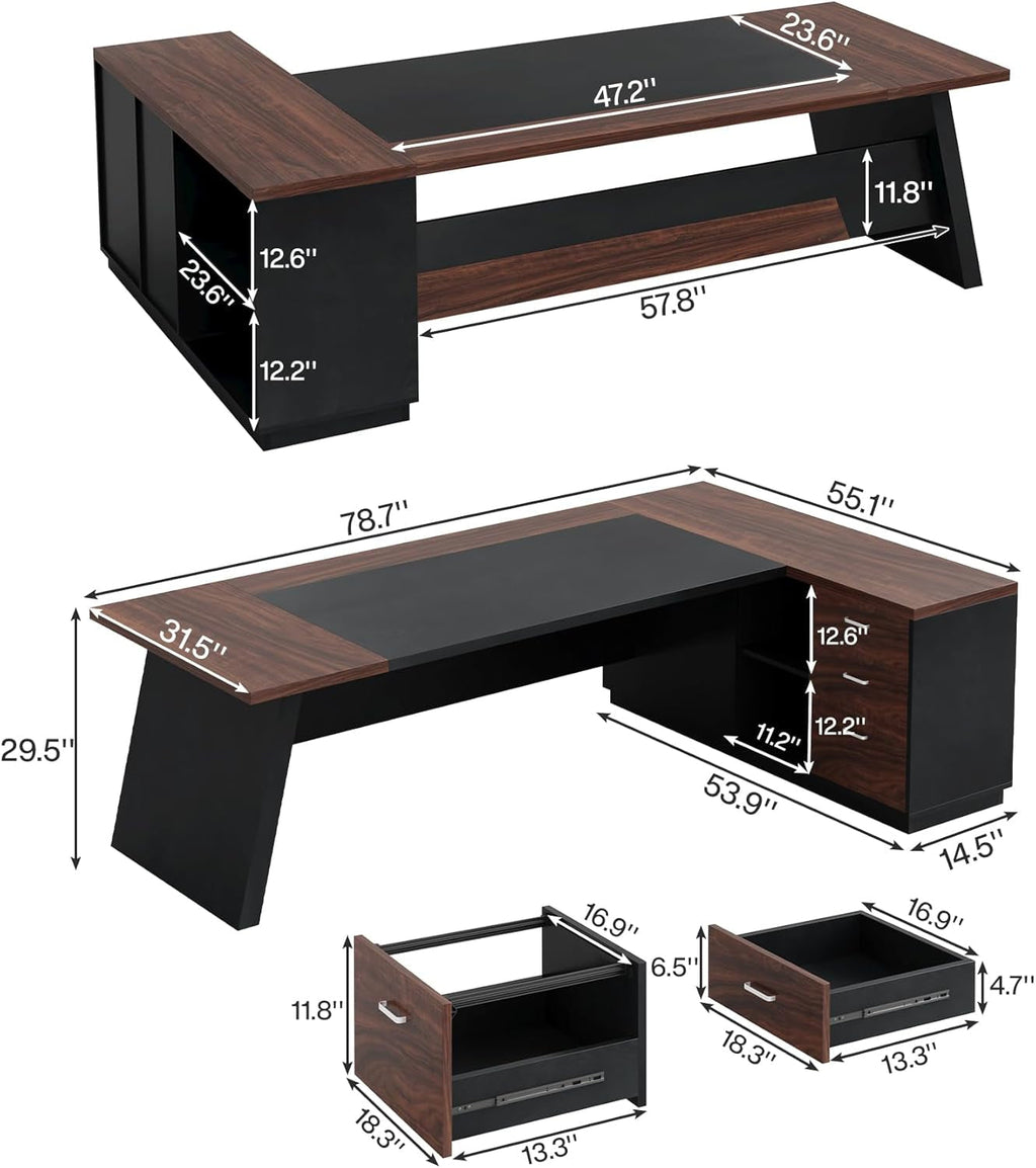 78 Inch L Shaped Executive Desk Walnut Black For Home Office-1