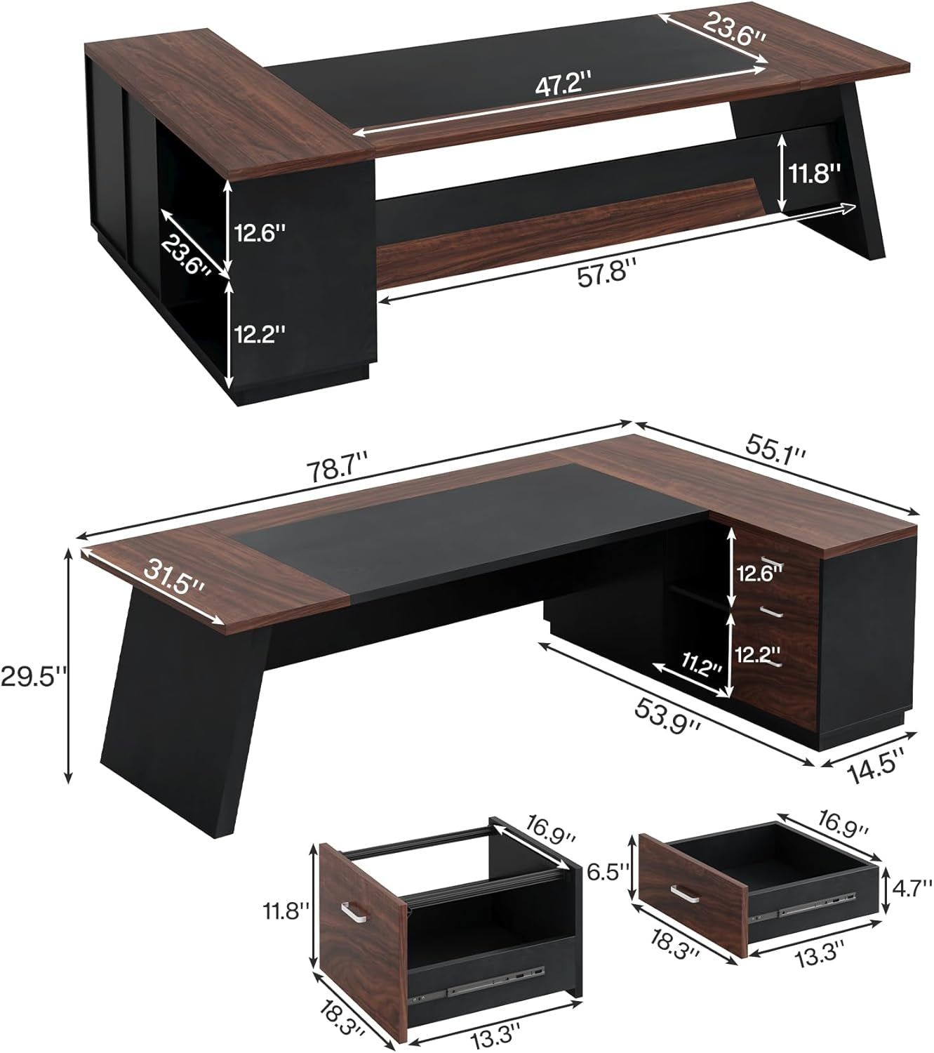 78 Inch L Shaped Executive Desk Walnut Black For Home Office-1