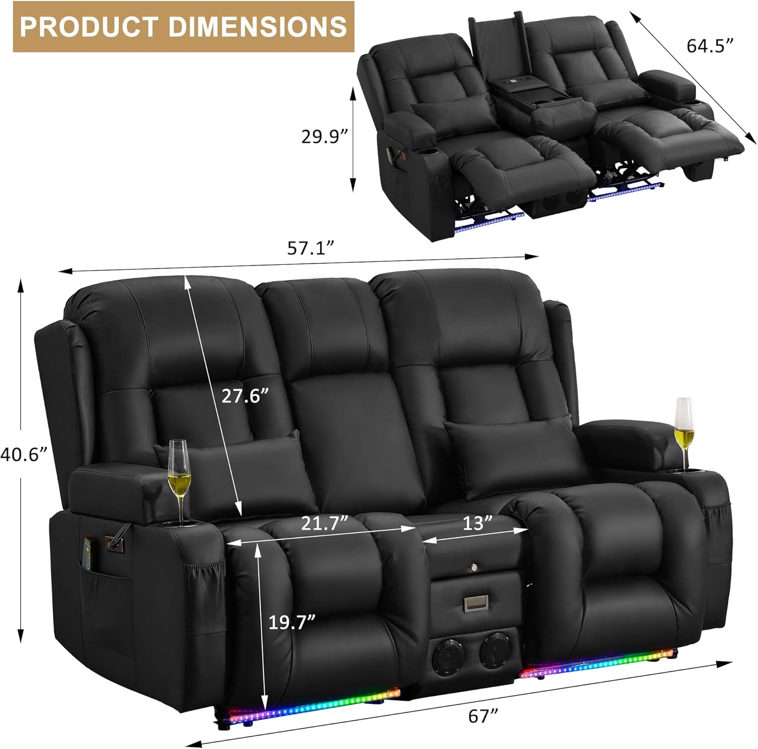 Power Reclining Loveseat With Massage And LED Lighting-1