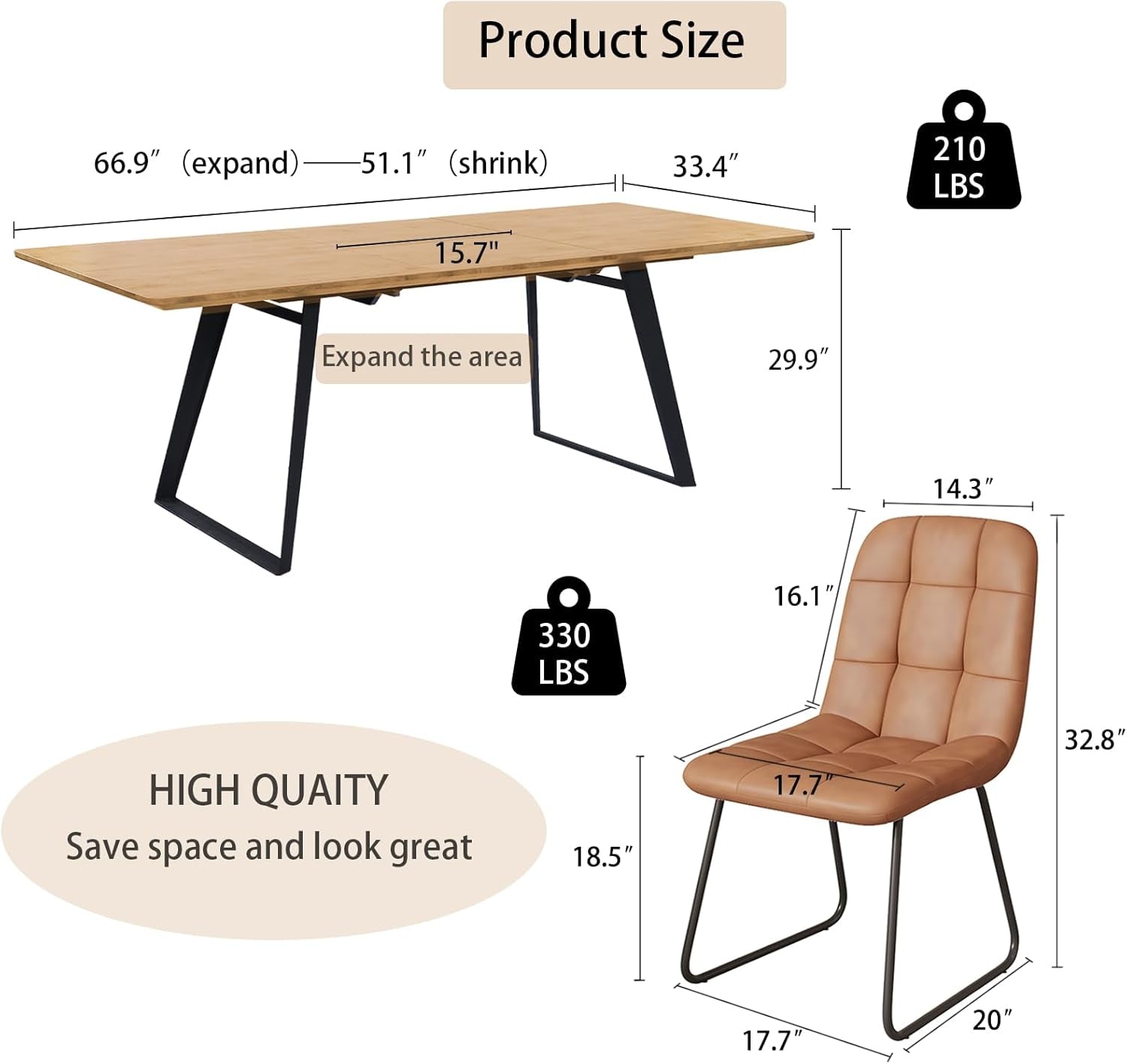 Expandable Oak Wood Dining Table Set For 6 To 8 Seats 51 To 67 Inches-1