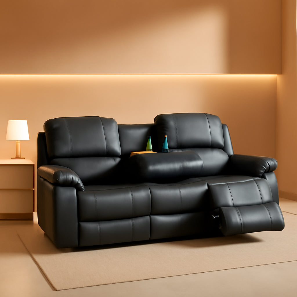 Leather Recliner Sofa Set Black For Living Room And Small Spaces-0