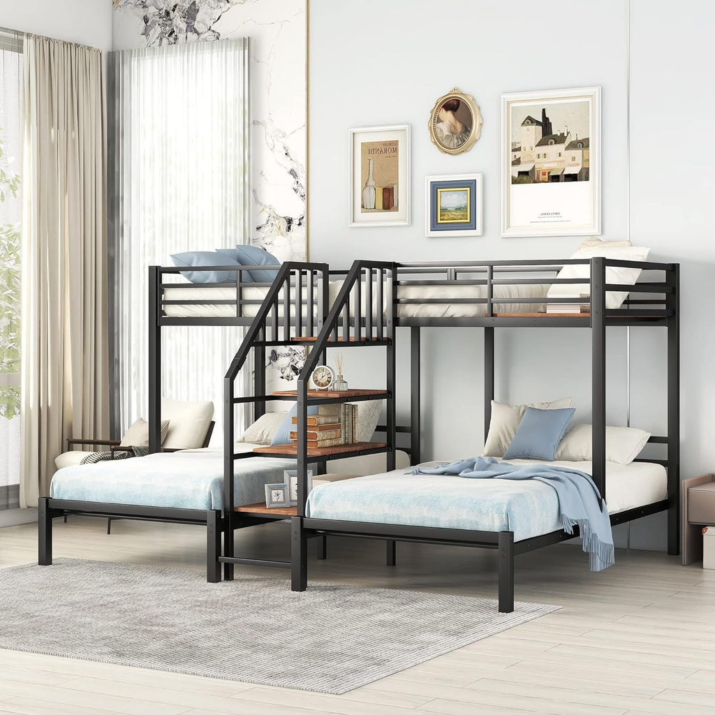 Metal Triple Bunk Bed With Stairs Black Three Beds-3