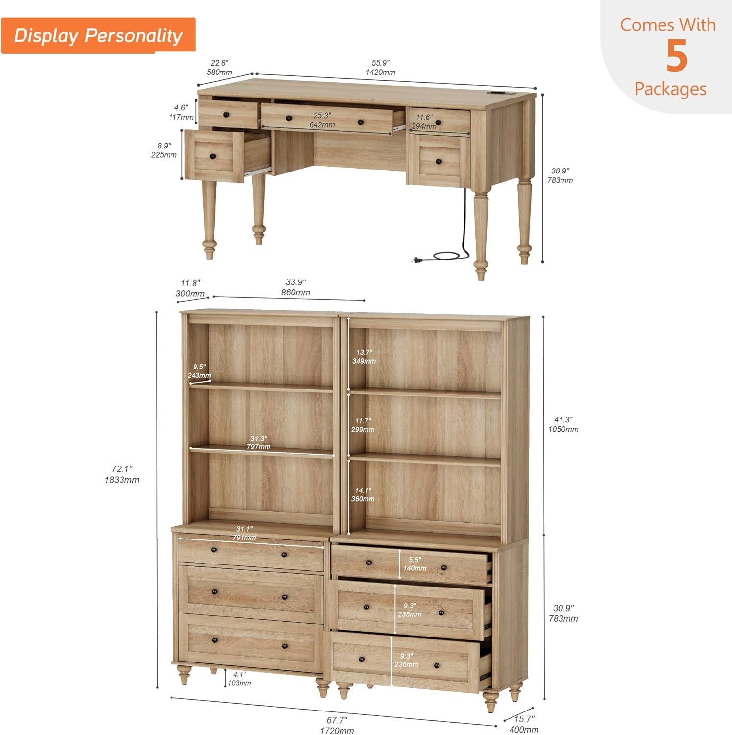 Oak Executive Workstation Set With Wireless Charging-2