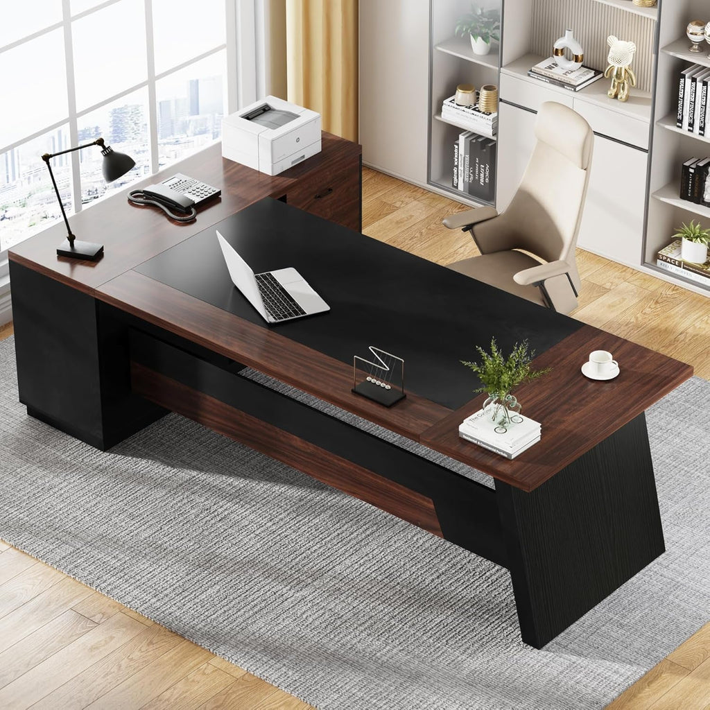 78 Inch L Shaped Executive Desk Walnut Black For Home Office-2