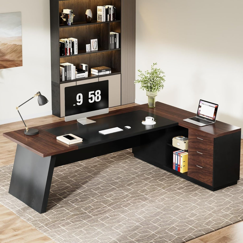 78 Inch L Shaped Executive Desk Walnut Black For Home Office-3