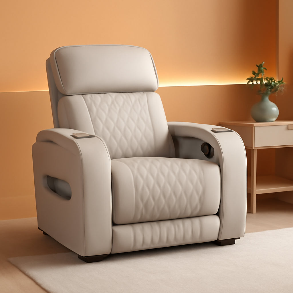 Light Gray Leather Power Recliner With Adjustable Headrest-0