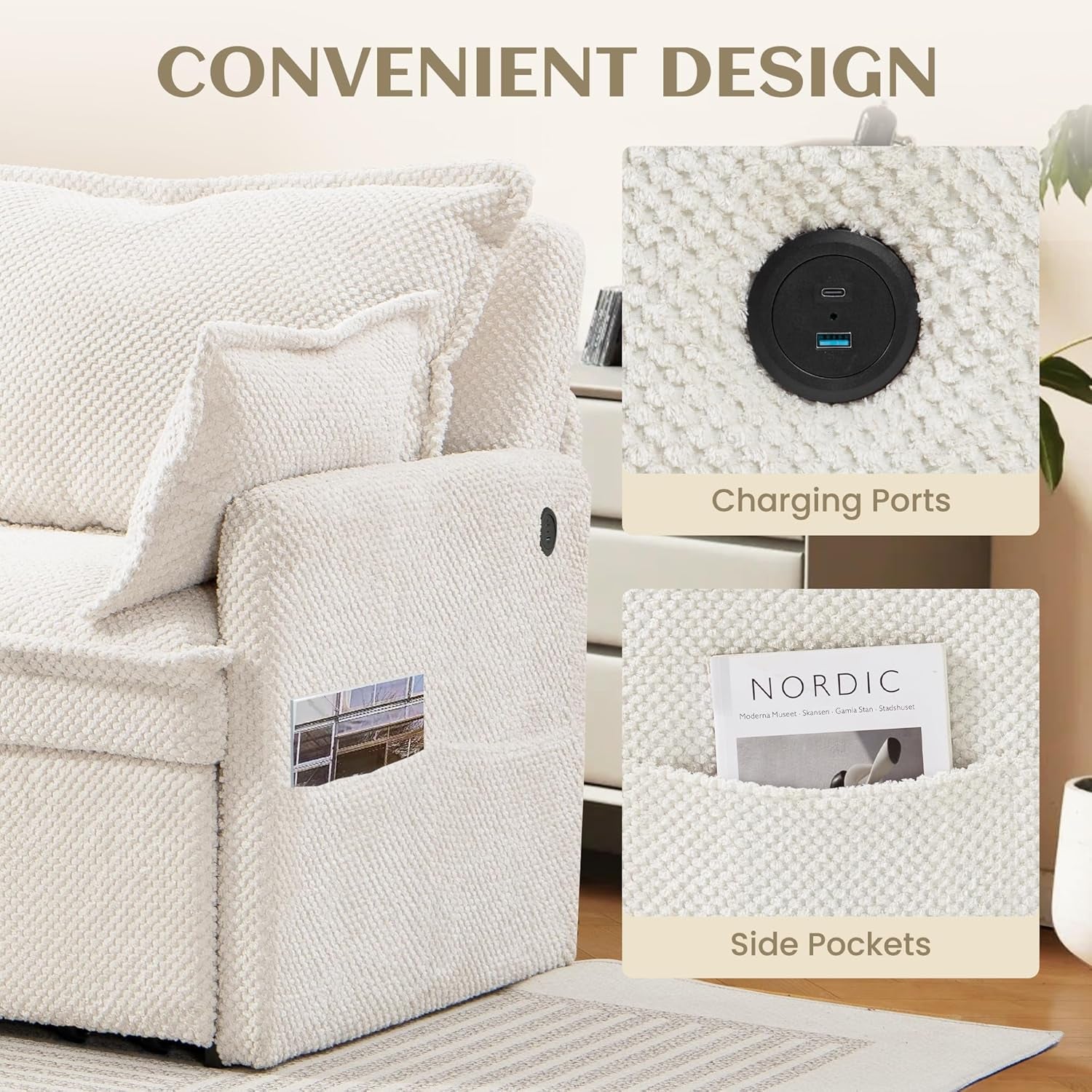 Convertible King Sofa Bed with USB Charging and Pockets-4