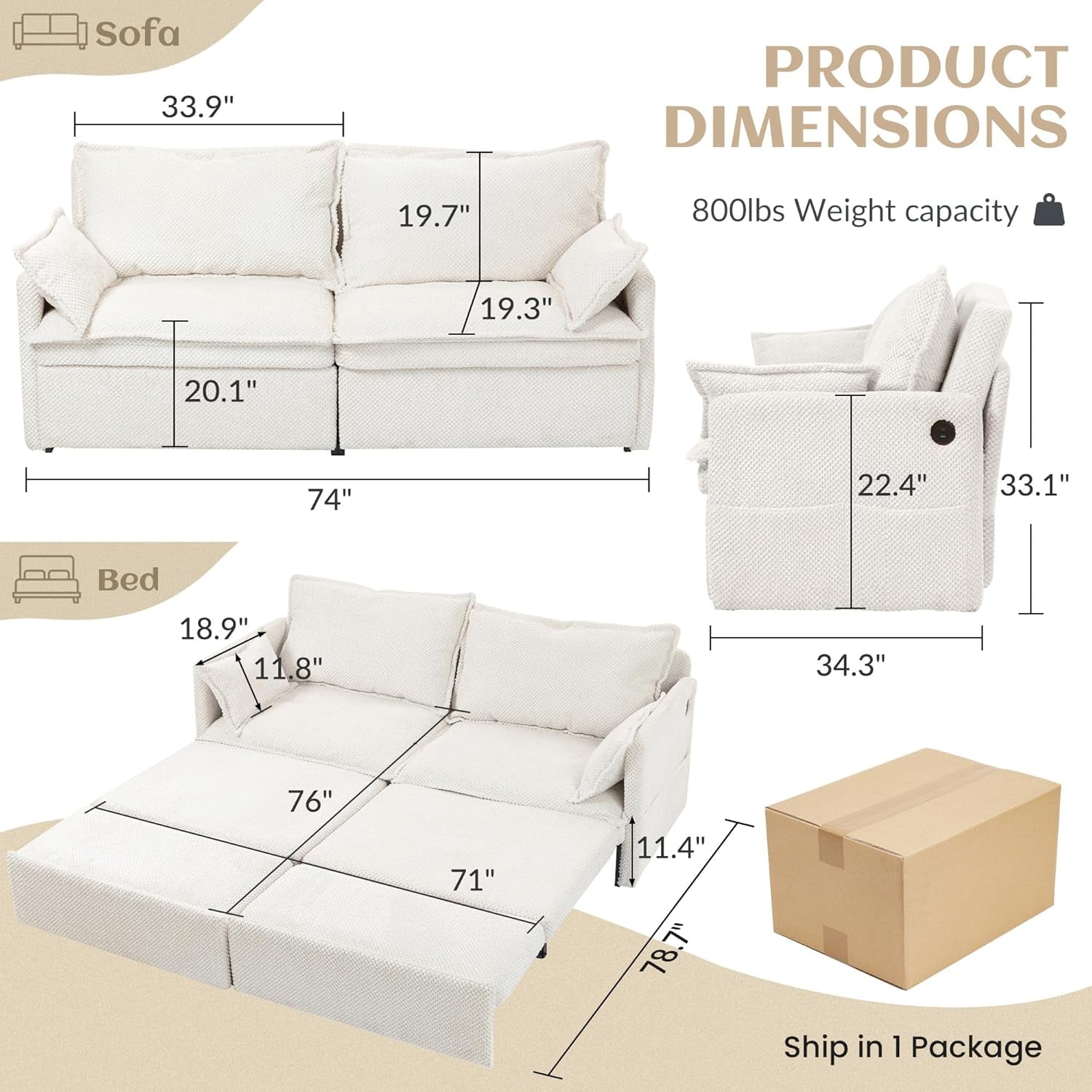 Convertible King Sofa Bed with USB Charging and Pockets-2