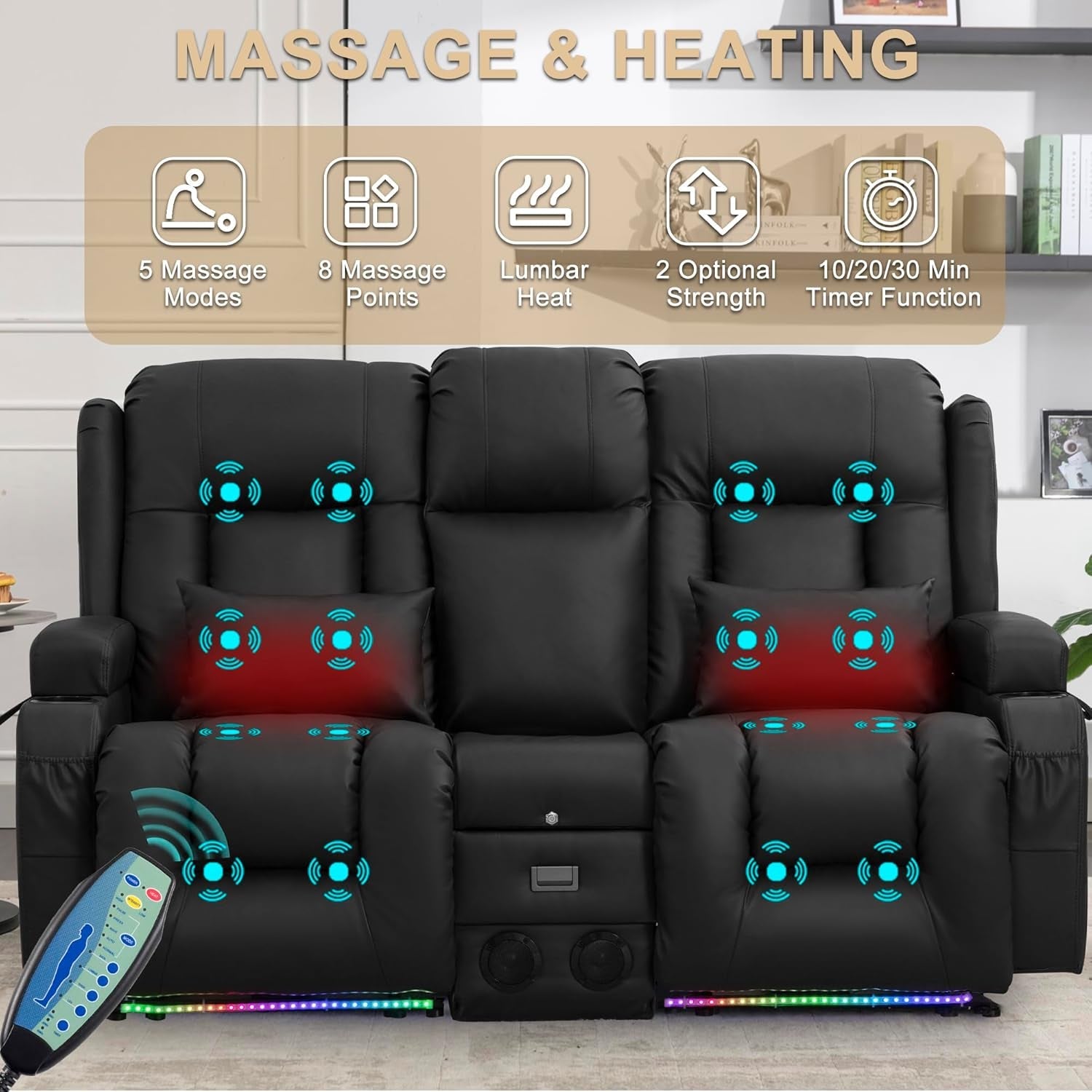 Power Reclining Loveseat With Massage And LED Lighting-3