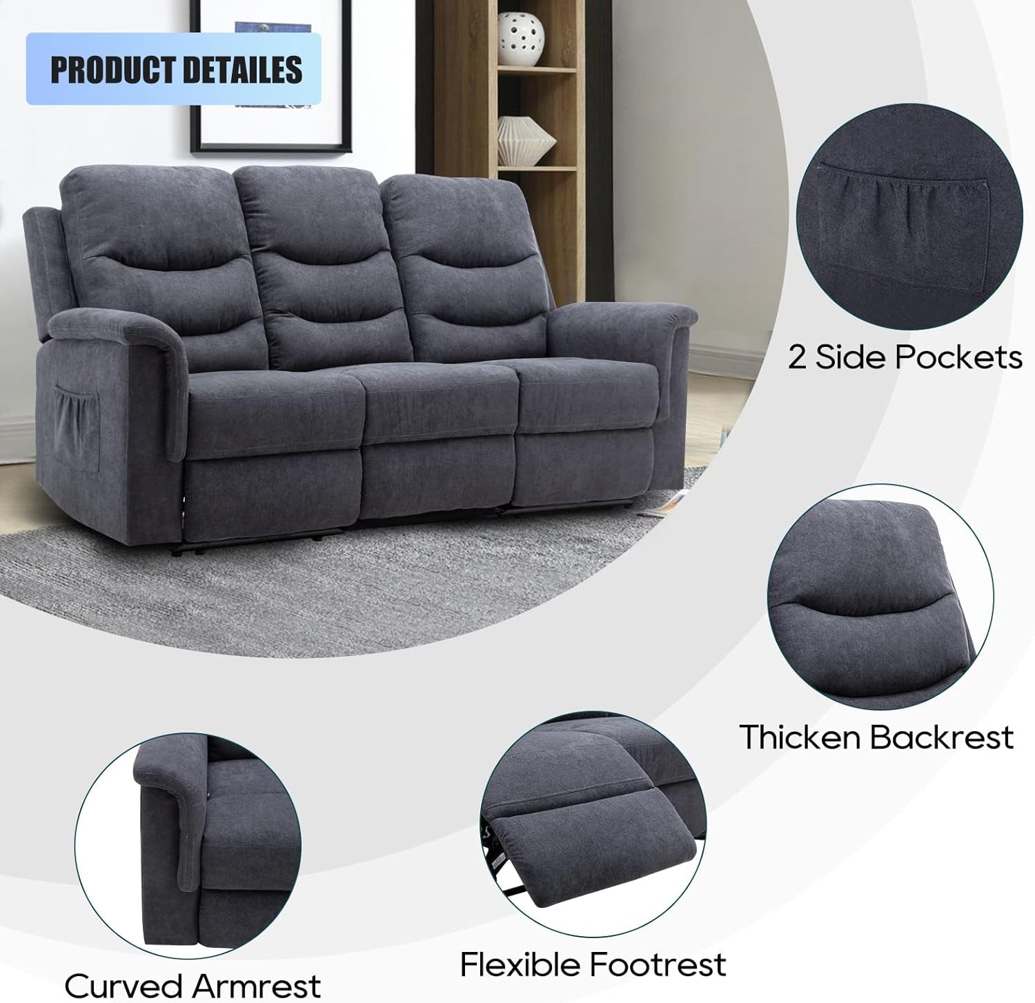 Reclining Sofa With Flip Console Three Seater Cupholders-4